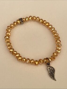 Gold Crystal Bead Stretch Bracelet with Angel Wing Charm - Gold